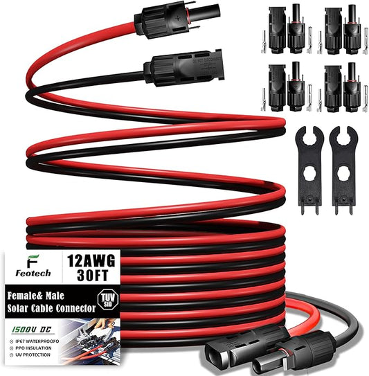 Twin Wire 30FT Solar Extension - 12AWG (4mm²) Solar Connector, with 4 Pairs-IP67-Male/Female Solar connectors for Outdoor Automotive RV Boat Marine Solar - Black & Red
