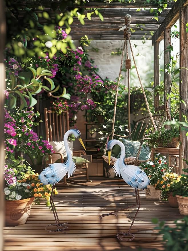 YEAHOME Garden Decor Outdoor Statues, 22"/20" Large Metal Heron Standing Yard Art, Blue Crane Lawn Sculptures Garden Decor for Outside Patio Porch Backyard, Set of 2