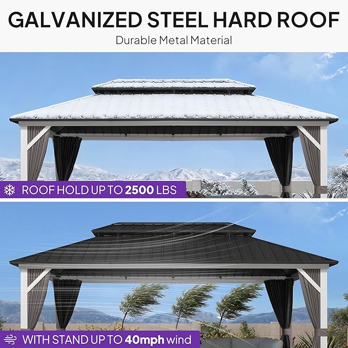 PURPLE LEAF 10' X 16' Hardtop Gazebo Metal Double Roof White Aluminum Frame Outdoor Heavy Duty Gazebo with Curtain and Netting for Patio Garden and Backyard, Grey