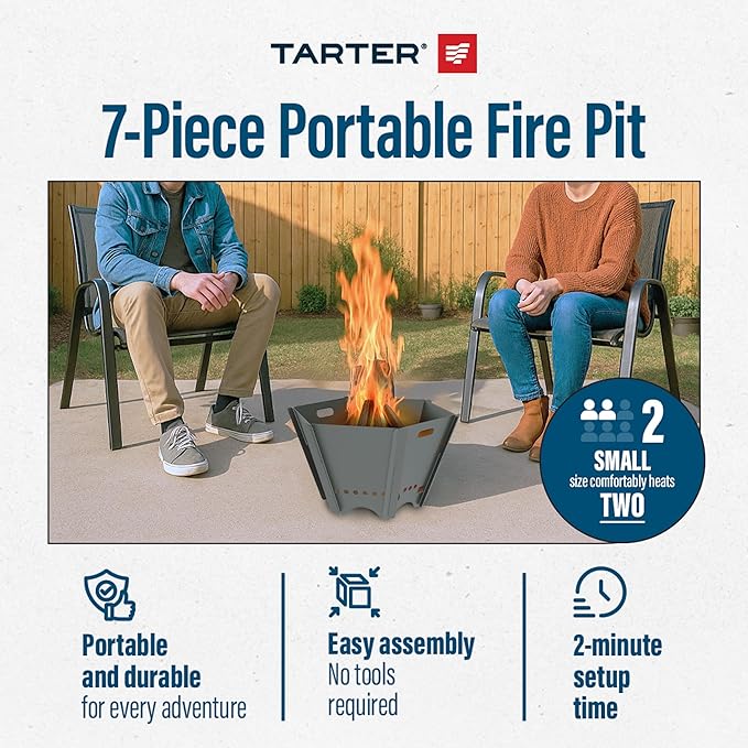 Tarter Small Outdoor Fire Pit - 7-Piece Hexagonal Wood Burning Fireplace for Camping & Bonfires - Portable & Easy Assembly Design - Heavy Duty & Durable Sheet Steel, Powder Coated Finish