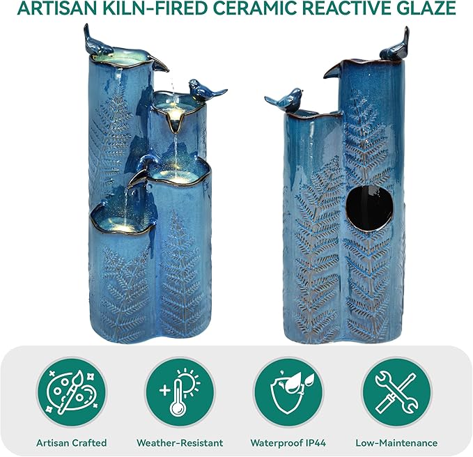 Autodaya Outdoor Water Fountain with Lights, 32" Ceramic Vase Fountain with 4-Tier Waterfall and Bird Decor, Tall Garden Waterfall with Turquoise Glaze & Tropical Fern for Patio, Yard, Balcony, Porch
