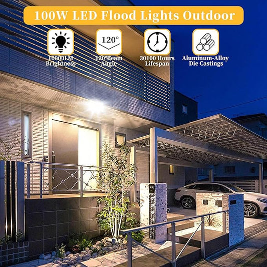 4 Pack 100W LED Flood Lights Outdoor Plug in, 10000 LM Super Bright Outdoor Lights, Portable IP66 Waterproof LED Work Light, 6000K Daylight White Floodlights for Garage Yard Garden Playground