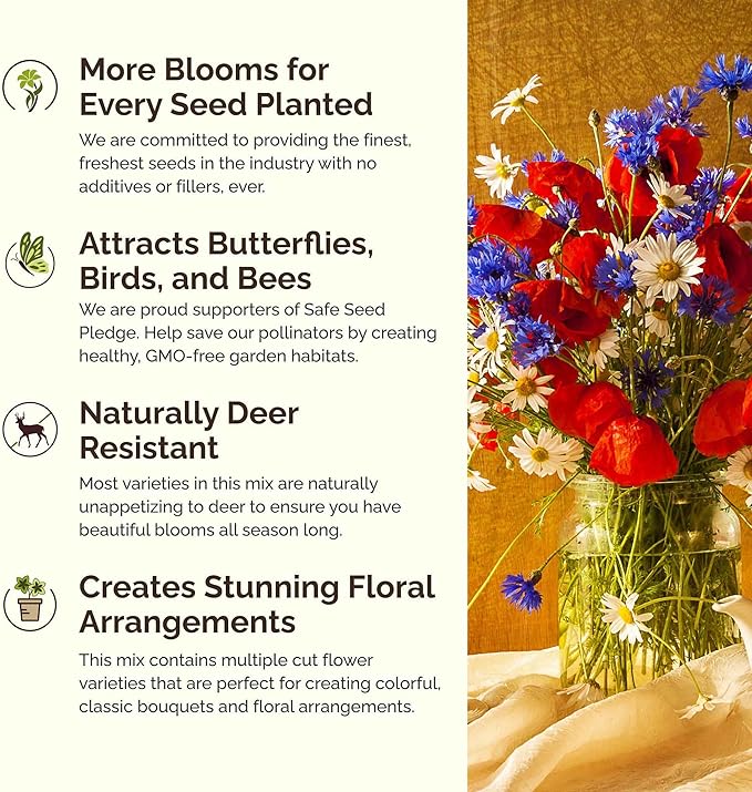 Eden Brothers Vermont Wildflower Mixed Seeds for Planting, 1/4 lb, 120,000+ Seeds with Cosmos, Cornflower | Attracts Pollinators, Plant in Spring or Fall, Zones