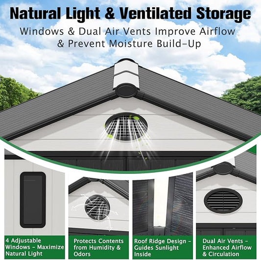 EAGLE PEAK 8x8 Resin Outdoor Storage Shed, Weatherproof Garden Shed with Floor & Lockable Doors, Tool & Equipment Storage for Backyard or Patio, White/Gray