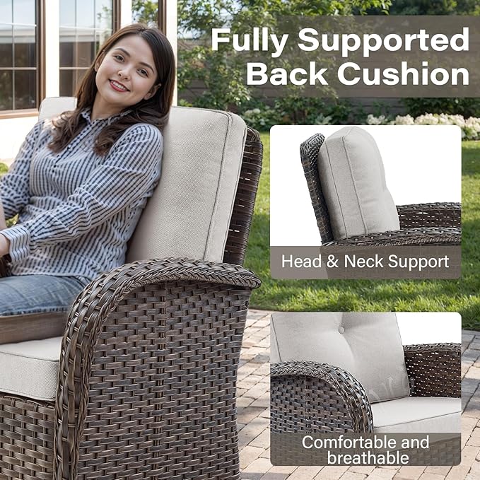 Belord 5 Piece Wicker Patio Furniture Set - Outdoor Conversation Sets with Deep Seating Swivel Rocker Chairs Loveseat and Rattan Coffee Table for Deck Backyard Poolside, Brown Wicker/Beige Cushion