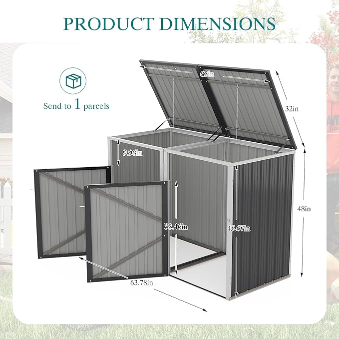 Outdoor Storage Shed Metal Trash Can Storage,54 Cu.Ft Garbage Can Storage Shed W/Lid Chain,Hydraulic Mechanism & Pneumatic Spring Support Rods,for 2 Trash Bins,Bike,Garden Tools,Dark Gray
