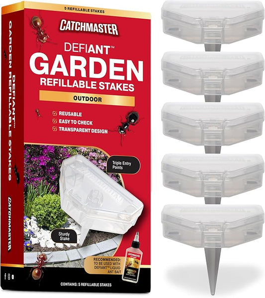 Catchmaster Defiant Outdoor Reusable Garden Stakes Ant Traps (5 Pack) – Kills Ants in Garden, Soil or Mulch - Liquid Ant Killer Bait NOT Included – No Mess, Discreet Bait Stations for Pest Control