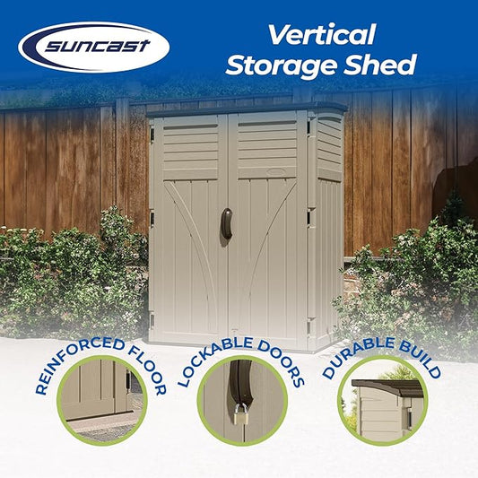 Suncast Outdoor Storage Cabinet Waterproof Resin Vertical Outdoor Storage Shed (54 cu. ft.) for Patio, Garden Tools, Cushions, & Equipment. Weatherproof Plastic Multi-Wall Design, Capacity Made in USA