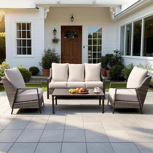 4 Piece Patio Furniture Set, All-Weather Wicker Outdoor Conversation Set with 4.72" Olefin Thick Cushions – 3-Seat Sofa, 2 Armchairs & Coffee Table for Deck, Porch, Balcony, Backyard, Beige