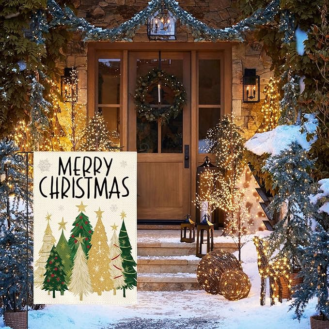 AVOIN colorlife Merry Christmas Garden Flag 12x18 Inch Double Sided Outside, Christmas Trees Winter Holiday Yard Outdoor Flag