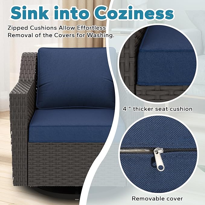 3 Pieces Patio Conversation Furniture Set - 2 Swivel Chairs, 1 Side Table, Outdoor Wicker Rocking Glider Armchairs with Washable and Water-Resistant Cushions for Balcony, (Navy Blue)