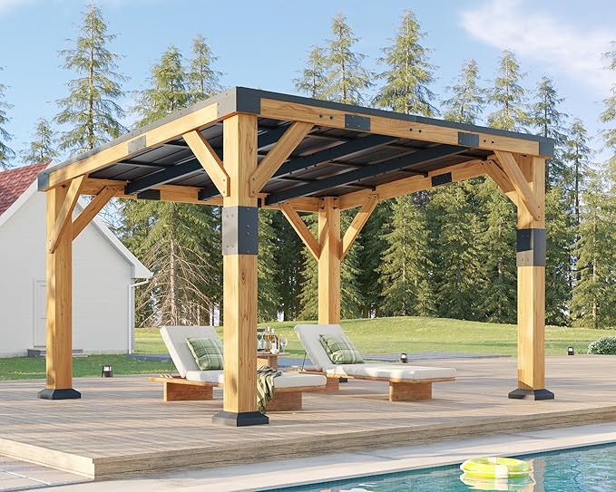 Jocisland 10' x 12' Cedar Wood Gazebo with Sloped Galvanized Steel Roof, Hardtop Gazebo Pavilion with Durable, Rot-Resistant Construction, Permanent Outdoor Pergola for Backyard, Garden & Deck