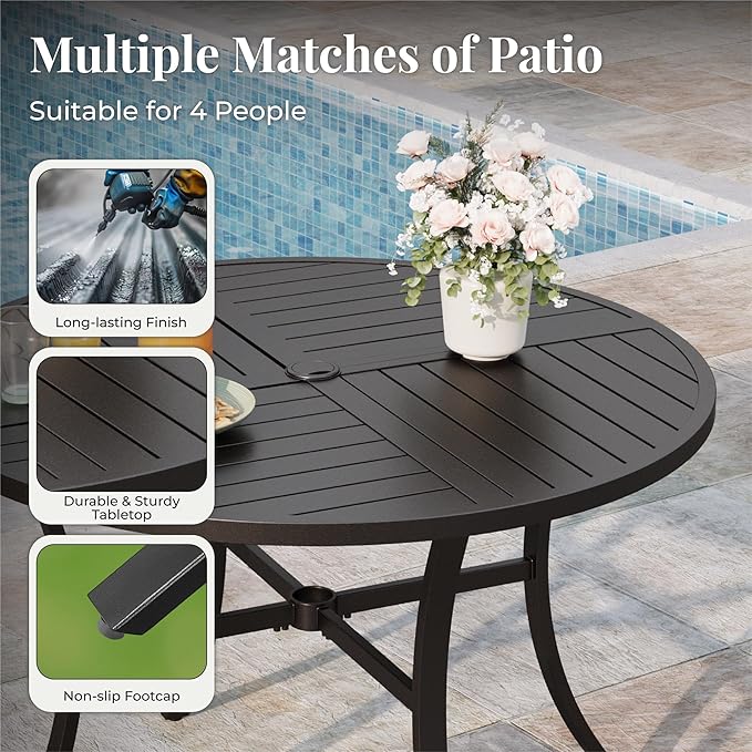 Patio Table and Chairs Set for 4, 5 Pieces Outdoor Dining Set, 4 Blue Textilene Chairs and 42" Metal Round Table with Umbrella Hole, for Deck Garden Backyard Lawn Poolside