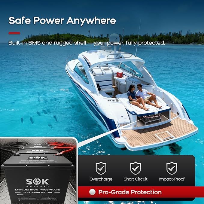 SOK Battery 100Ah 12V 2-Pack LiFePO4 Deep Cycle Lithium Iron Phosphate Batteries - Ideal for RVs & Off-Grid Use with Low-Temperature Protection, ABS Housing, Marine Grade
