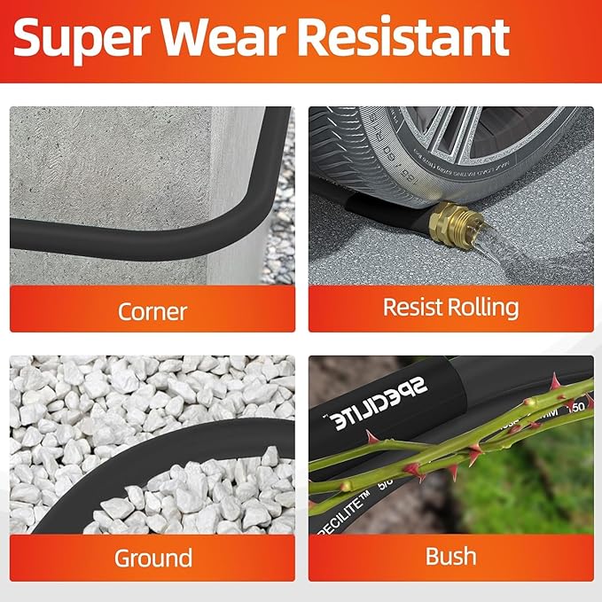 SPECILITE Garden Water Hose 25 ft x 3/4 in Heavy Duty, Flexible and Lightweight, Burst 600 psi, Kink-less Hybrid Rubber Pipe for Backyard, 3/4'' Brass Fittings, Black