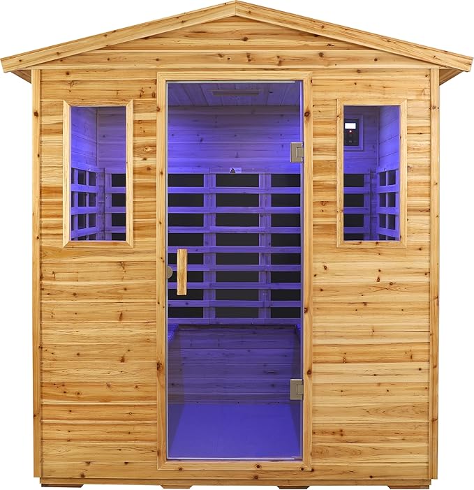 Full Spectrum Outdoor Far Infrared Sauna 4-Person Plus, Massive Interior Low EMF Sauna for Home, Near&Mid-IR Light , Bluetooth Speakers, LED Reading Lamps, Chromotherapy Light (81.1*60.6*83.5 inch)
