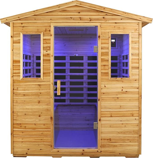 Full Spectrum Outdoor Far Infrared Sauna 4-Person Plus, Massive Interior Low EMF Sauna for Home, Near&Mid-IR Light , Bluetooth Speakers, LED Reading Lamps, Chromotherapy Light (81.1*60.6*83.5 inch)