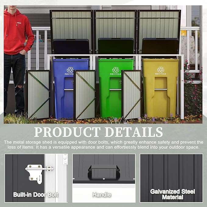 Outdoor Storage Shed Metal Trash Can Storage,120 Cu.Ft Garbage Can Storage Shed W/Lid Chain,Door Bolt & Pneumatic Spring Support Rods,for 3 Trash Bins,Bike,Garden Tools,Dark Gray