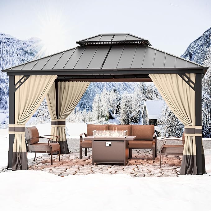 12’x14’ Hardtop Gazebo Outdoor Aluminum Frame Permanent Gazebo Galvanized Steel Double Roof Pergola with Nettings and Curtains for Patio, Lawns,Backyard,Deck(Brown)
