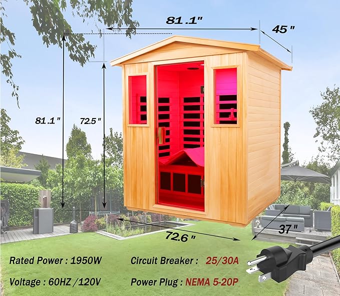 LTCCDSS 3-Person Full Spectrum Outdoor Infrared Sauna - Virginia Basswood Low EMF Saunas for Home - Near&Mid-IR Light, Bluetooth, LED Reading Lamps, Chromotherapy Lights, 81.1 * 45 * 83.5 inch