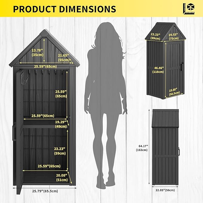 Outdoor Storage Shed with Removable Shelves, Waterproof Resin Outdoor Storage Cabinet for Small Patio, Balcony, Backyard, Vertical Storage Shed with 12 Hooks for Garden Tools, Grilling Supplies, Black