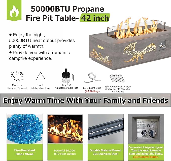 42" Propane Fire Pit table with LED Light - 50,000 BTU with Wind Guard, Lid, Rocks and Cover - Gas Fire Pits for Outside Patio - Fire Pit Tables for Outside Patio (Grey/Dragon Cutout, 42" LED)