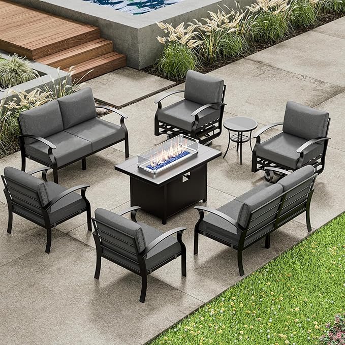 Aluminum Patio Furniture Set with Fire Pit Table, 8 Seats Outdoor Patio Conversation Set with Swivel Chair Modern Metal Patio Sectional Sofa with Upgrade Cushions for Patio, Backyard (Grey)