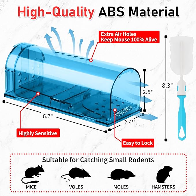 LULUCATCH Humane Mouse Traps 2 Pack, Live Mouse Traps, Catch Release Mouse Traps Indoor for Home, No Kill Mole Squirrel Rat Traps for House & Outdoors, Pet Safe, Blue