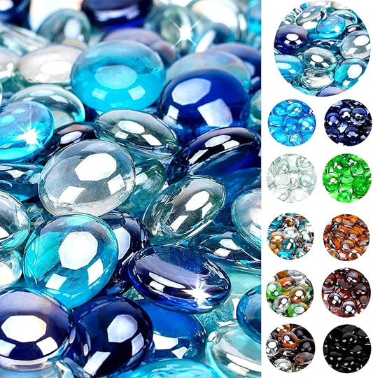 onlyfire 10 Pounds Fire Glass Beads for Propane Fire Pit and Gas Fireplace, 1/2 Inch Round Blended Firepit Glass Rocks Flat Marbles for Fire Pit Table, Cobalt Blue Crystal Ice and Caribbean Blue