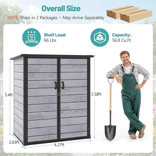Outdoor Storage Shed, 56.8 Cu.Ft Resin Shed, 4.6 x 5.6 FT Waterproof Garden Tool Shed with Double Doors & Adjustable Shelves, Backyard Storage Cabinet for Tools, Bikes & Patio Furniture (Darkgray)
