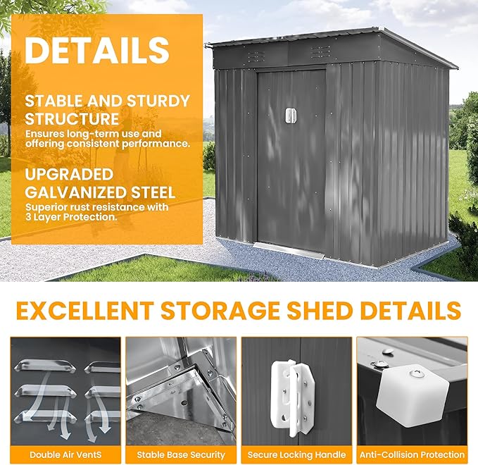 6x4 FT Outdoor Metal Storage Shed with Lockable Door, All-Weather Garden Shed with Sloping Roof & Waterproof Design, Durable Tool Shed for Backyard, Patio, Light Gray