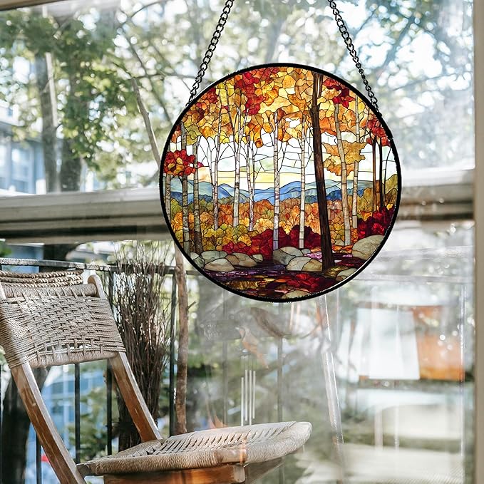 QZQCBLC Stained Glass Window Hanging Fall Birch Tree Forest Scenery Large 15" - Suncatcher Door Garden Sun Catcher Home Decor Birthday Christmas for Mom Men Woman Friend Nana