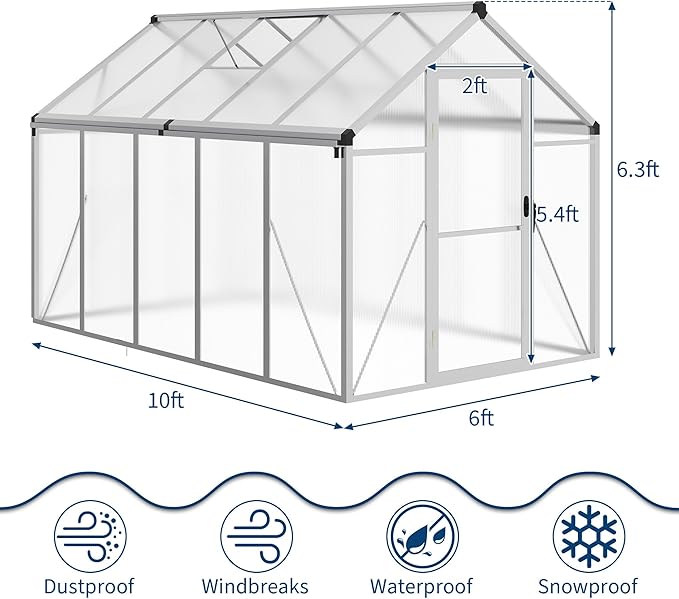 6x10 ft Greenhouse for Outdoors, Polycarbonate Greenhouse with Roof Vent, Ground Nails, Lockable Push Door, Aluminum Large Walk-in Green House for Outside Garden Backyard, Patio, Lawn, Silver