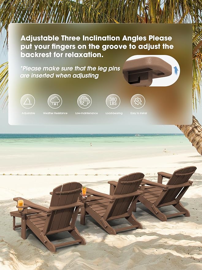 KINGYES Folding Adjustable Adirondack Chair with Retractable Ottoman Set of 6, HDPE All Weather Chair with Cup Holder - Versatile Adirondack Chair, Brown