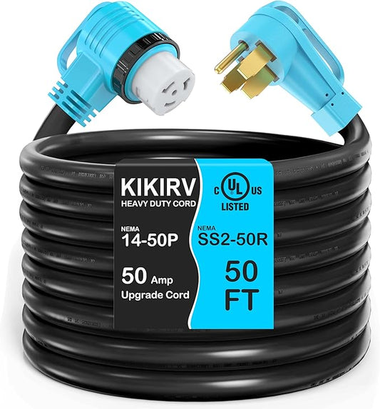 50 Feet 50 Amp RV/Generator Cord, UL Listed, 100% Copper Wire, Newly Designed 90°Grip Handle, NEMA 14-50P to SS2-50R Twist Lock, 6/3+8/1 Gauge STW Wire