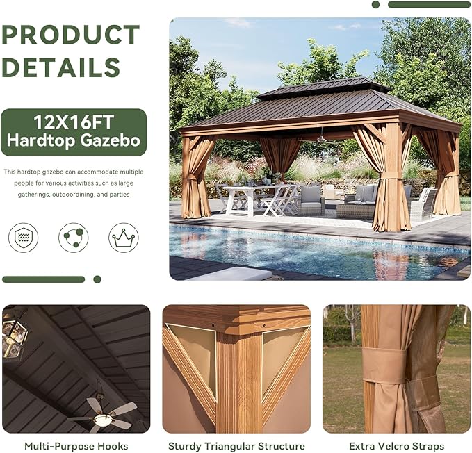 Aoxun Hardtop Gazebo, 12 x 16ft Wooden Finish Coated Aluminum Frame Canopy, Galvanized Steel Double Top, Outdoor Permanent Metal Pavilion with Curtains and Netting, for Backyard, Patio and Deck