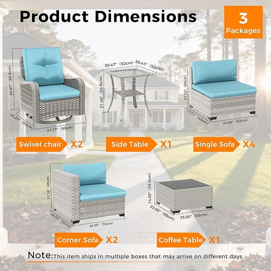 8-Seat Modern Patio Furniture Set with Swivel Rocking Chairs, Thick 4″ Cushions, Dual-Strand Wicker Rattan, Rust-Resistant Steel Frame – Outdoor Conversation & Modular Sectional,Blue