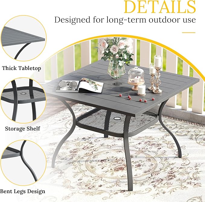 VICLLAX 37.8" Square Outdoor Patio Table, All Weather Metal Outdoor Dining Table for Lawn Garden, Grey Wood-Like Tabletop