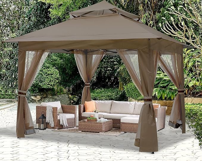 ABCCANOPY Pop Up Gazebo 13x13 - Outdoor Canopy Tent with Mosquito Netting for Patio Garden Backyard (Brown)
