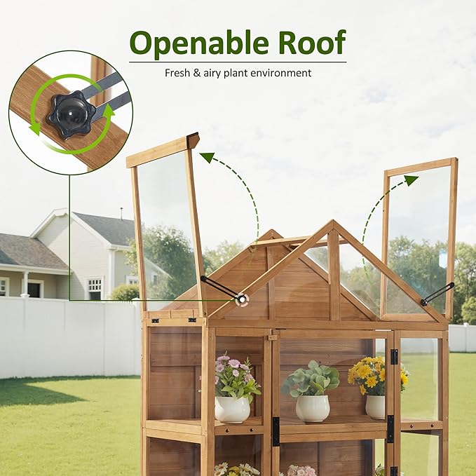 MCombo Wooden Greenhouse Outdoor with Openable Roof Vent and Adjustable Shelves, 0826 (Natural)