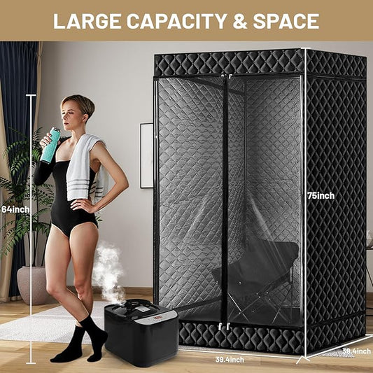 New UpgradeRed Light Sauna Box for Relaxation,Detoxification,Portable Steam Sauna for Home with XL Steamer,16 Levels, 75”x 40”x40”，Double Doors，Larger Folding Chair, Gym-Black， (Black)