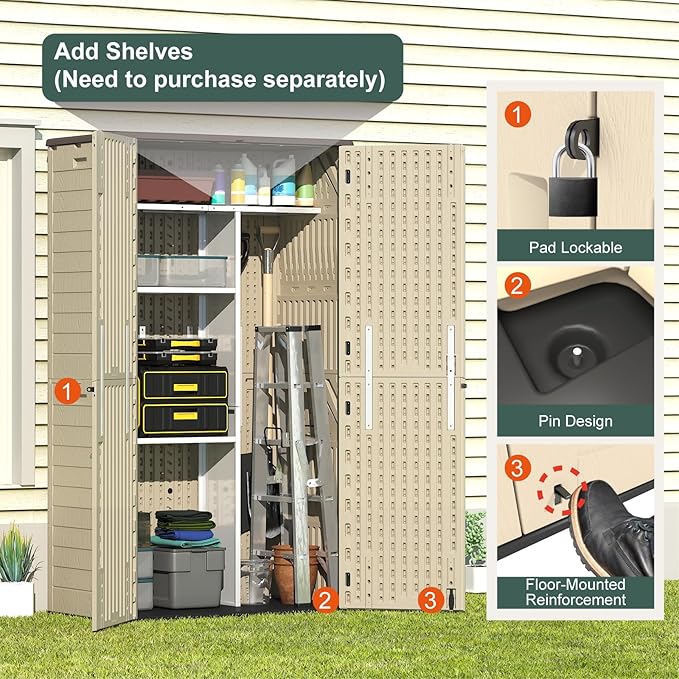 Vertical Outdoor Storage Shed, 60 Cu.Ft Resin Storage Cabinet Waterproof with Lockable Floor, All-Weather Tall Backyard Shed for Patio Furniture, Garage, Garden, Porch (Khaki)