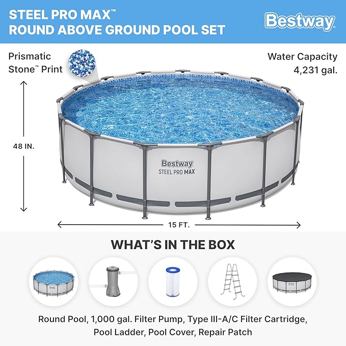 Bestway Steel Pro MAX 15' x 48" Above Ground Pool, Round Metal Frame Outdoor Swimming Pool Set with Filter Pump, Ladder, and Cover, Gray