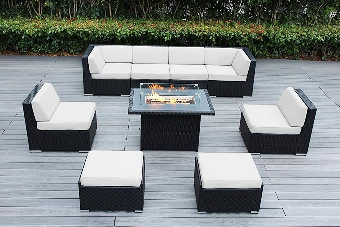 9 Piece Ohana Outdoor Patio Furniture Black Wicker Conversation Set with Fully Assembled Sectional and 42-inch Propane Gas Fire Table