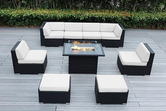 9 Piece Ohana Outdoor Patio Furniture Black Wicker Conversation Set with Fully Assembled Sectional and 42-inch Propane Gas Fire Table