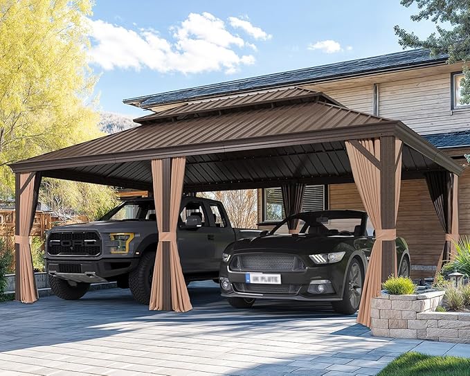 PURPLE LEAF 14' X 20' Hardtop Gazebo Patio Wide Aluminum Frame Metal Double Roof with Heavy Duty Netting and Curtains for Permanent Hard Top Pavilion Screen Khaki