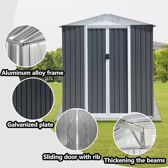6x4 FT Outdoor Storage Shed with Base,Tool Shed with Sloped Roof and Lockable Door, Weather Resistant Metal Shed for Backyard Garden Patio Lawn,Grey