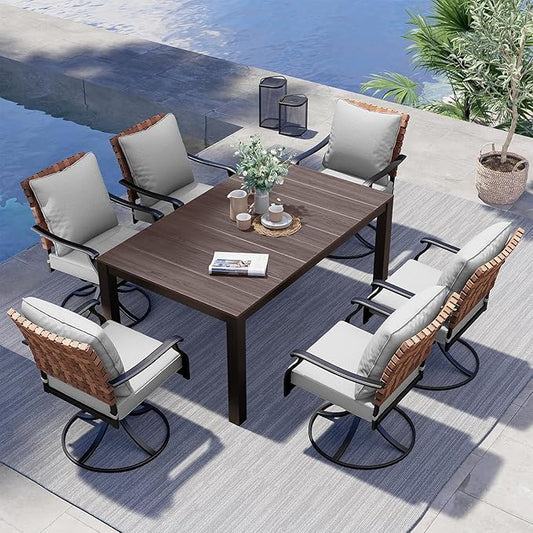 Grand patio 7-Piece Outdoor Dining Set, 6 Leather-Look Wicker Swivel Patio Chairs & 1 Rectangular Faux Woodgrain Dining Table, Dark Brown
