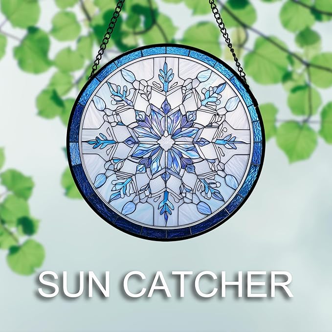AMDERVEN Stained Glass Window Hanging 4 Pcs Set Blue White Christmas Snowman Snowflake 7.8" - Suncatcher Door Garden Sun Catcher Decor Birthday Mother's Day Xmas Gifts for Mom Woman Nana Men