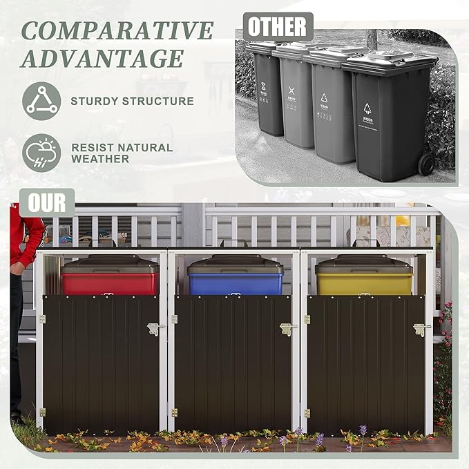 Outdoor Storage Shed Metal Trash Can Storage,120 Cu.Ft Garbage Can Storage Shed W/Lid Chain,Door Bolt & Pneumatic Spring Support Rods,for 3 Trash Bins,Bike,Garden Tools,Dark Gray